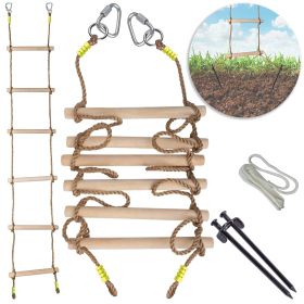 Wooden Rope Ladder for Kids with Ground anchoring Lenght 6.5'(2m) Width 16 (40cm) Outdoor or Indoor Climbing Rope Ladder for Ninja Slackline Back