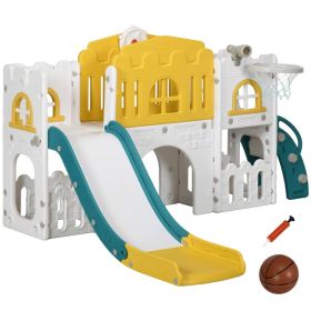 7 in 1 Toddler Slide with Basketball Hoop, Climber, Telescope, Tunnel, Steering Wheel, for 1-3 Years, Yellow (Option: Yellow)