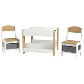 3 Piece Kids Table and Chair Set with Reversible Tabletop, Blackboard, Storage, Bookshelf, for Playroom, Nursery Natural (Option: Natural)