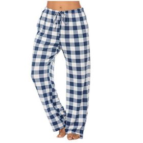 Women's Stretch Plaid Casual Pants With Pockets (Option: Blue And White-XL)