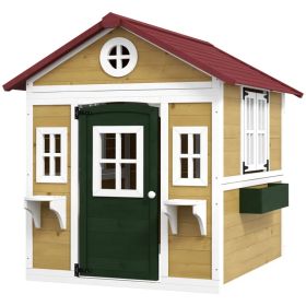 Wooden Playhouse for Kids Outdoor with Door, Windows, Planter Pots and Boxes for Toddlers 3-8 Years, Beige (Option: Beige)