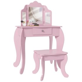 Kids Vanity Table and Stool, Makeup Vanity Girls Dressing Table Set with Tri-folding Mirrors Drawer Star and Heart Pattern, Pink (Option: Pink)