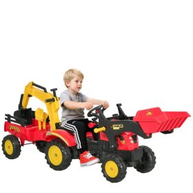 3 in 1 Kids Ride On Excavator Toy with 6 Wheels, Bulldozer with Controllable Cargo Trailer & Easy Pedal Controls (Option: Red)