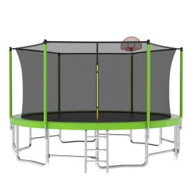16FT Trampoline With Balance Bar & Basketball Hoop&Ball, ASTM Approved Reinforced Type Outdoor Trampoline With Enclosure Net (Option: Green)
