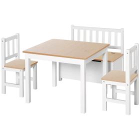 4-Piece Set Kids Wood Table Chair Bench with Storage Function Easy to Clean Gift for Girls Boys Toddlers Age 3 Years up Natural and White (Option: Natural)