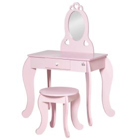 Kids Vanity Table Set with Mirror and Stool, Drawer, for 3-6 Years, Pink (Option: Pink)