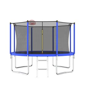 12FT Trampoline For Kids & Adults With Basketball Hoop And Ball ,Recreational Trampolines With Safety Enclosure For Back Yard Outdoor (Option: Blue)