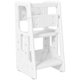 Toddler Kitchen Helper 2 Step Stool with Adjustable Height Platform and Safety Rail, White (Option: White)