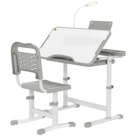 Kids Desk and Chair Set Height Adjustable Student Writing Desk Children School Study Table with Tilt Desktop, Grey (Option: Grey)