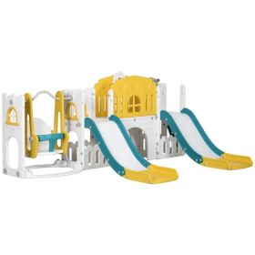 8 in 1 Slide and Swing Set, Baby Swing Set with Basketball Hoop, Climber, Steering Wheel, for Aged 1-3 Years, Yellow (Option: Yellow)