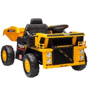 12V Kids Ride On Dump Truck Construction Vehicle w/ Electric Dump Bed, Shovel, Spring Suspension Wheels (Option: Yellow)
