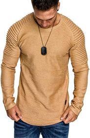 Men' s Long Sleeve Casual Shirts Solid Color Casual Top Stitching Stylish Dress Round Neck Slim Fit Male Shirts (Color: BROWN, size: XL)