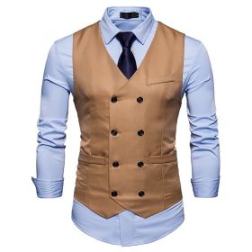 Men's Suit Vest Slim Fit Double Breasted Dress Vest (Color: Khaki, size: XL)