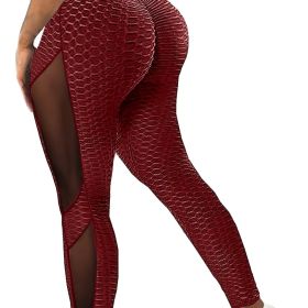 Honeycomb Mesh Contrast Leggings, Sporty Skinny High Waist Lifting Yoga Leggings, Women's Clothing (Color: BURGUNDY, size: M(6))
