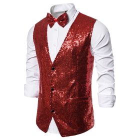 Men's Sequin Vest Shiny Suit Vest V-neck Party Dress (Color: Red, size: L)