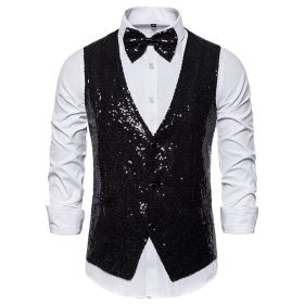 Men's Sequin Vest Shiny Suit Vest V-neck Party Dress (Color: Black, size: XL)