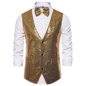 Men's Sequin Vest Shiny Suit Vest V-neck Party Dress (Color: GOLD, size: S)