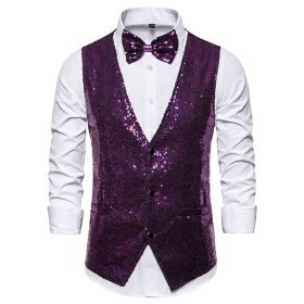 Men's Sequin Vest Shiny Suit Vest V-neck Party Dress (Color: Purple, size: L)