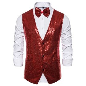 Men's Sequin Vest Shiny Suit Vest V-neck Party Dress (Color: Red, size: 2XL)