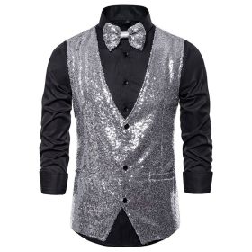 Men's Sequin Vest Shiny Suit Vest V-neck Party Dress (Color: Silver, size: XL)