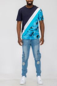 SHORT SLEEVE CAMO COLOR BLOCK TSHIRT (Color: NAVY, size: 2XL)