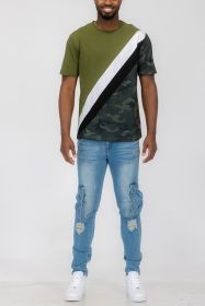 SHORT SLEEVE CAMO COLOR BLOCK TSHIRT (Color: OLIVE, size: 2XL)