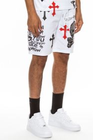 Weiv Mens Chrome Cross Skull Shorts (Color: WHITE RED, size: L)