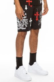 Weiv Mens Chrome Cross Skull Shorts (Color: BLACK RED, size: M)