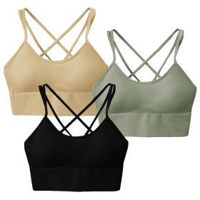 3Packs Women Cross Back Sport Bras Padded Strappy Medium Support Bras Sexy Fitness Tank Tops with Removable Pads for Gym Yoga Workout Running (Color: MULTI, size: large)