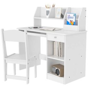 Kids Desk and Chair Set for 5-8 Year Old with Storage, Study Table and Chair for Children, White (Option: White)