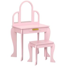 Kids Dressing Table and Chair Set, Girls Dressing Set, Makeup Desk with Drawer for 3-6 Years Old Kids, Pink (Option: Pink)