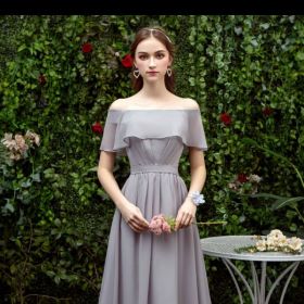 Bridesmaid Long Gray Bridesmaid Sisters Wedding Slimming Off-shoulder Banquet Dress (Option: Gray B-M)