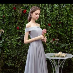 Bridesmaid Long Gray Bridesmaid Sisters Wedding Slimming Off-shoulder Banquet Dress (Option: Gray F-M)
